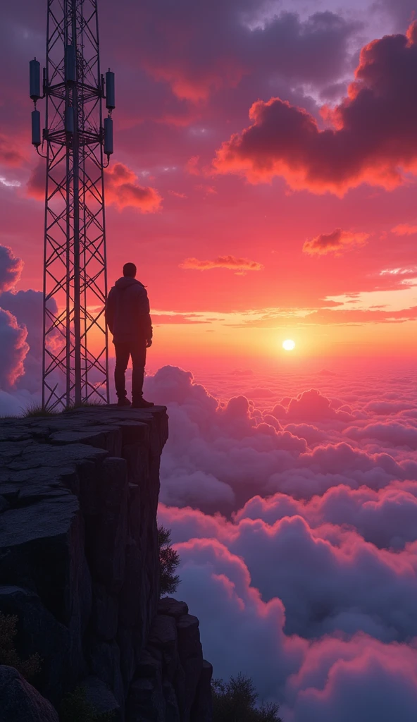 An adult man on top of a giant cell tower.
 He is admiring the clouds passing by his side .
 In the background a magnificent sunset ,  Cintilante, obfuscating, expressive, bioluminescentes, lilac gradient ,  red and orange .
 Raindrop effect .
extremely detailed. 
profile view.
 full body .
32K, HDR, UHD. 