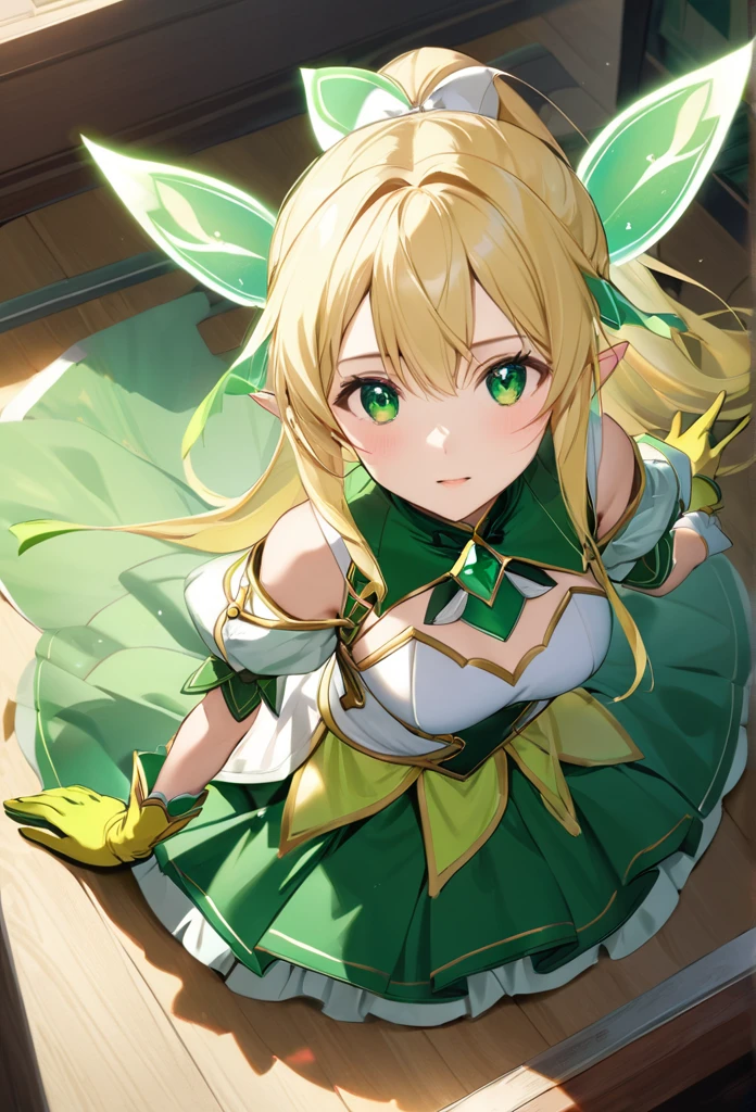 highest quality、unity 8k wallpaper、32k、masterpiece、Very detailed、Ultra-high resolution、Very detailedな顔、RAW Photos、Professional、Ultra-fine painting、Magical Fairy Swordsman Leafa、Blonde long hair、White Hair Ribbon、Green Eyes、Green magical girl costume、Blonde ponytail、White Hair Ribbon、Yellow ribbon with a large emerald brooch、White pleated skirt with green lines、Green and yellow long gloves、Green thigh-high stiletto heel boots with gold molding、