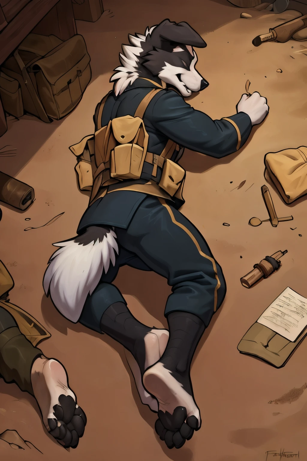 (ultra quality):1.4, color, smooth comics style, (by takemoto arashi, by meesh, by Taran Fiddler), solo:1, (defeat)) ((blackfeetsoles)) ((black feetsoles)) ((knockout face)) did a border collie in the egnlish soldier uniform without shoes. He is dead in the trench, lying on the back, closed eyes, tonque stuck out of the mounth, defeated on the floor after a fight, exhausted, closed eyes, tonque out of the mounth , ((feet focus)) fluffy tail. Battlefield (uniform english world war 1)) ((world war 1)) ((ww1)) ((white legs)) ((black pawpads)) (four toes) 4toes, 5finger ((floppy ears)) ((Border collie)) (white pawsole) (feral feet)
