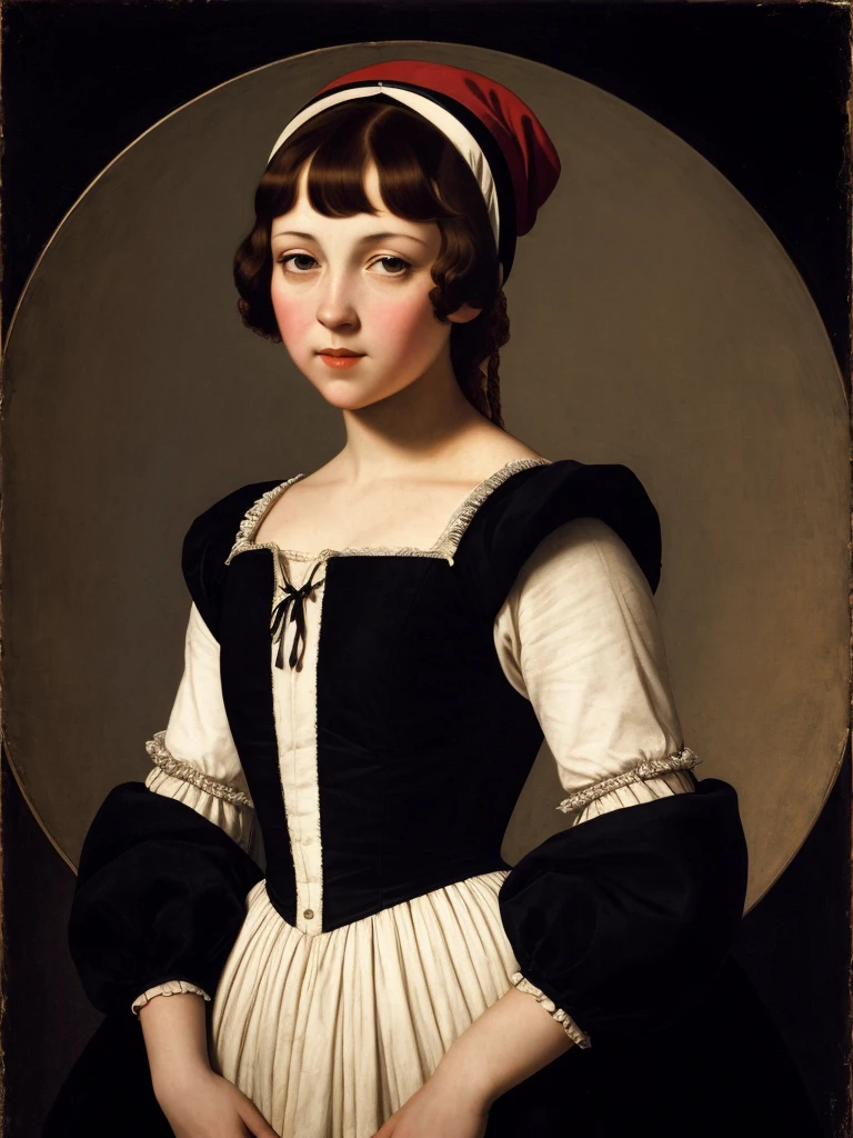[shoulder portrait :  young girl , ruddy, in the style of pin-up:16]:[Dark Studio, Middle Ages, black background, crimson sunset , renaissance, 16th century , ((Hans Holbein style))], perspective,  hyper-detail, Deep extract 