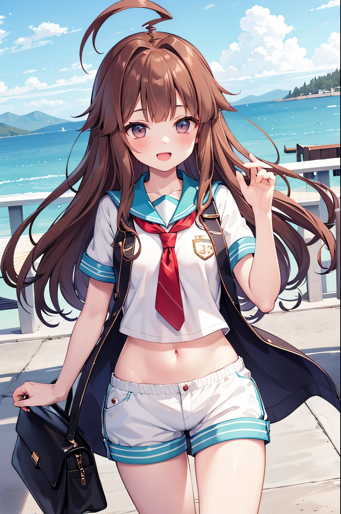 1young_teen_ girl,  brown_hair, long_hair, sailor_uniform,white_ baggy_shorts, short_sleeve, thighs, small_breasts, big_smile, open_mouth, standing, harbor_background, slightly_spread_legs, happiness, covered_crotch,ahoge,XD,exciting,