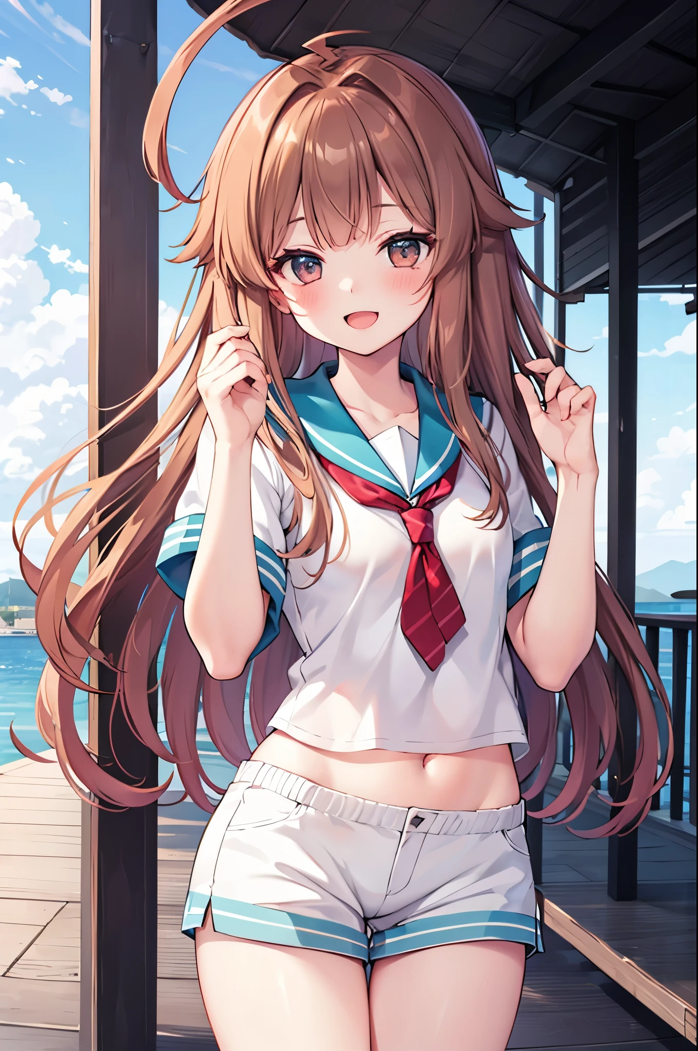 1young_teen_ girl,  brown_hair, long_hair, sailor_uniform,white_ baggy_shorts, short_sleeve, thighs, small_breasts, big_smile, open_mouth, standing, harbor_background, slightly_spread_legs, happiness, covered_crotch,ahoge,XD,exciting,