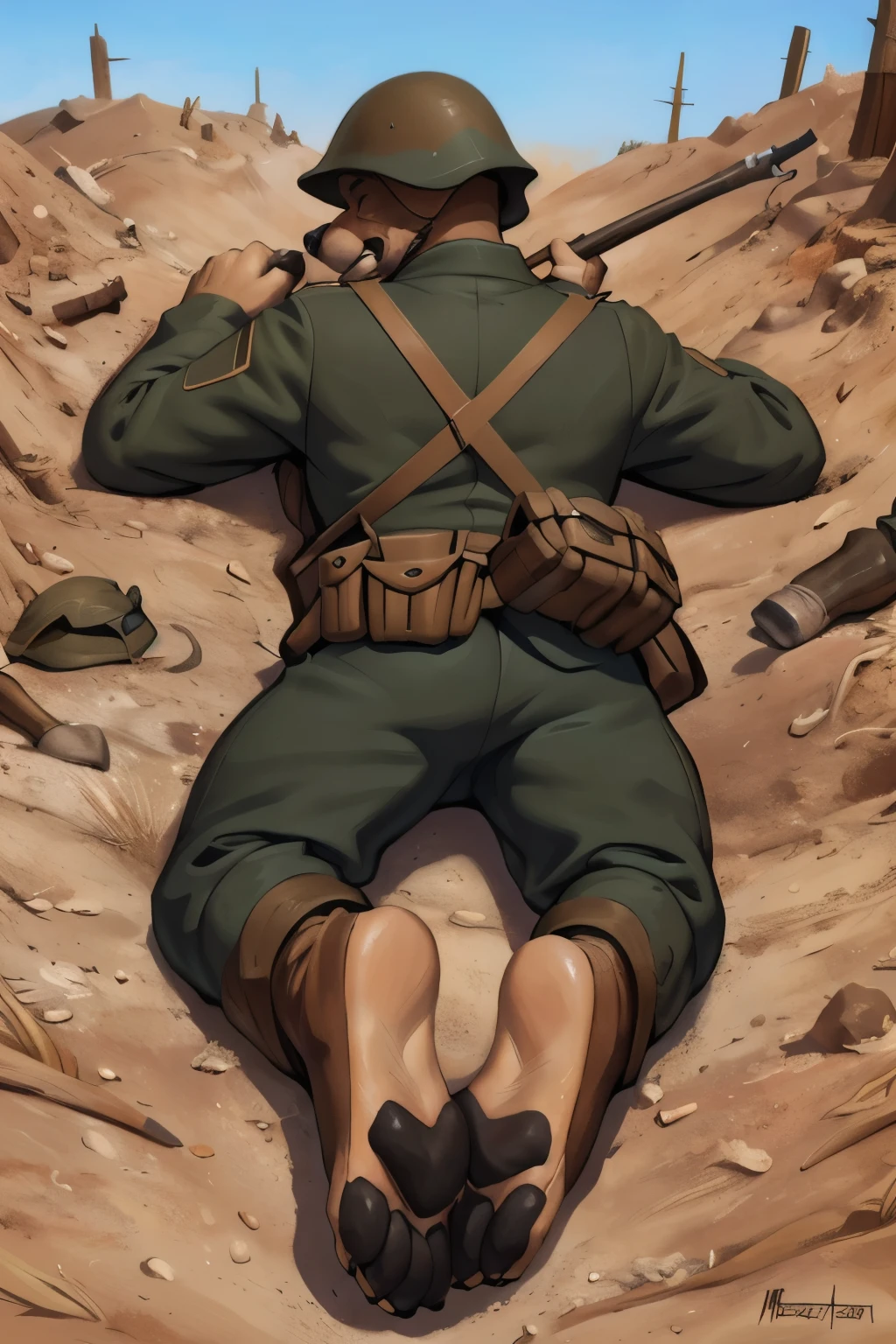 (ultra quality):1.4, color, smooth comics style, (by takemoto arashi, by meesh, by Taran Fiddler), solo:1, (defeat)) ((blackfeetsoles)) ((black feetsoles)) ((knockout face)) did a german shephard in the german soldier uniform without shoes. He is dead in the trench, lying on the back, closed eyes, tonque stuck out of the mounth, defeated on the floor after a fight, exhausted, closed eyes, tonque out of the mounth , ((feet focus)) fluffy tail. Battlefield (uniform germans world war 1)) ((world war 1)) ((ww1)) ((black feetsoles)) ((black pawpads)) (five toes) 5toes, 5finger
