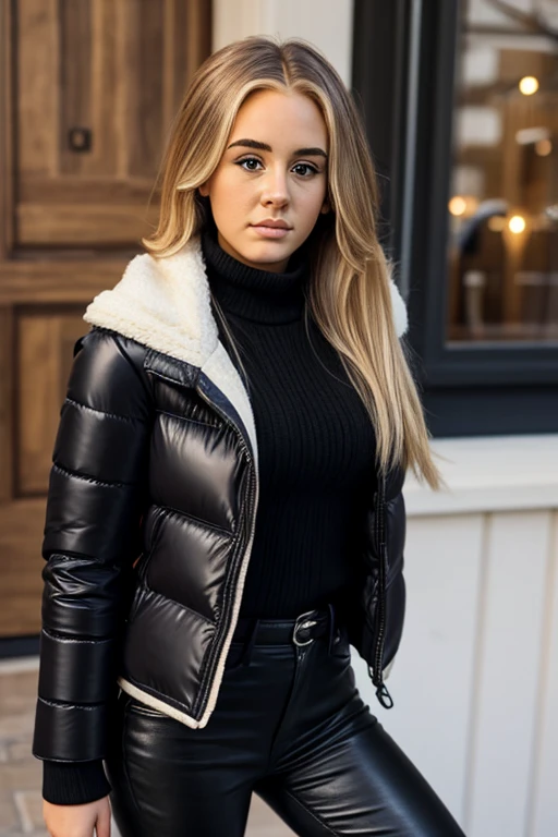ultrarealistic high quality full body photo of a beautiful busty slim european 25-year-old woman with cute hyperdetailed shy face and natural blonde short hair and shy smile , realistic round hazel eyes, natural lips, dark eye makeup with eyeliner, wearing shiny cropped puffer jacket and latex flare pants, hourglass body, outdoor photography, heavy snow falling