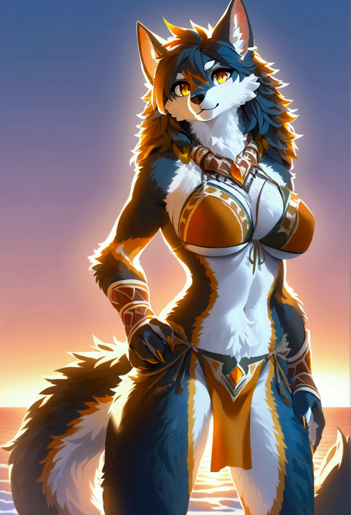 (top quality, best quality, Bogexboog, High-quality illustrations, masterpiece, perfect artwork, cinematic light and shading, 16k, 1080p, uploaded on e621)(kemono, furry, anthro, alone), 1 female, (very detailed body, face, tail, arms, hands, legs, head and eyes), worgen, (WoW), hunter body, wrogiem body, fur, fluffy, big breasts, wide hips, worgen head, worgen tail, perfect eyes, amber eyes, beautiful tribe armor, beautiful loincloth, beautiful beach night, body movement, body twitching,