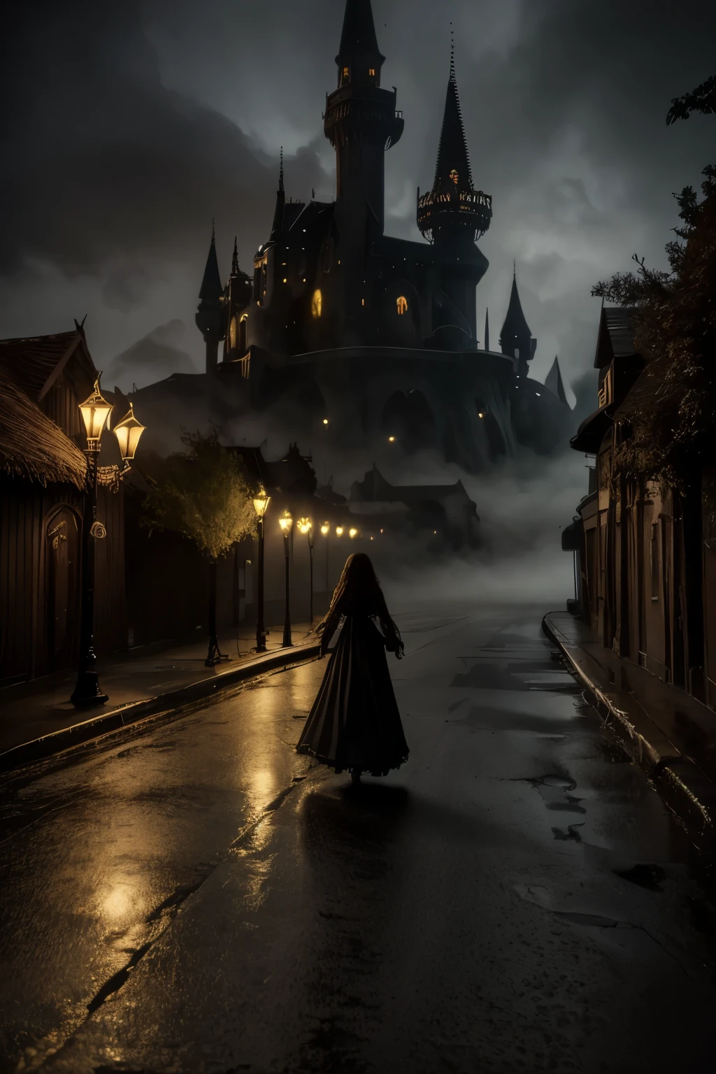  dreamlike fantasy landscape, a surreal , whimsical castle in the distance, 1girl, detailed face, beautiful eyes, long hair, detailed dress, walking through the mystical scenery, (best quality,4k,8k,highres,masterpiece:1.2),ultra-detailed,(realistic,photorealistic,photo-realistic:1.37),fantasy,surreal,dreamscape,magical,ethereal,glowing,vibrant colors,dramatic lighting, Dark gloomy street of mystic ancient town, nighttime, after the rain, (glowing fog)1,2, muted colors, vintage, aesthetic, (Dark Fantasy)0,9, Otherworldly, Surreal, 16K, dreamy, dark mode, Starlight0,9, moonlight, Ambrotype, beautiful, masterpiece, highest quality, There is a black flower on the damaged road，crescent moon，town，The light is dark，gothic style (best quality),（intricate details), (8k）

