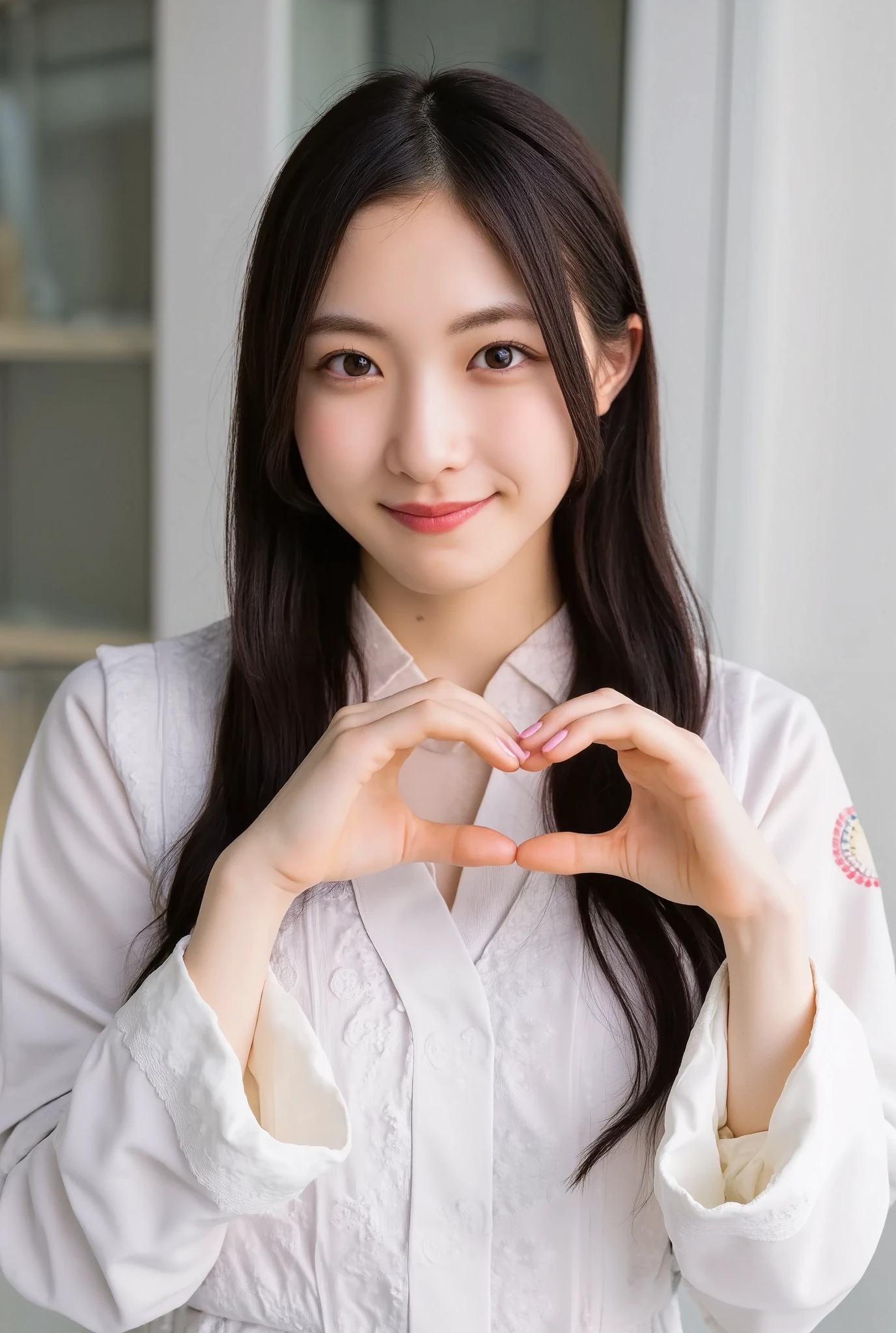 She is smiling, wearing off-shoulder pajamas, making a firm big heart shape with both hands, and holding them in front of her chest, View above collarbone、The background is a monotone 

