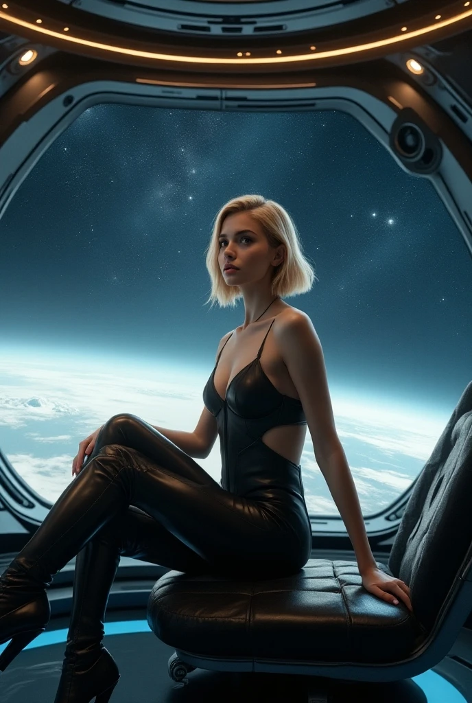 A blond young sexy woman with short hair and hot clothes sits on a seat in a spaceship and the window can show beautiful stars,futurama style