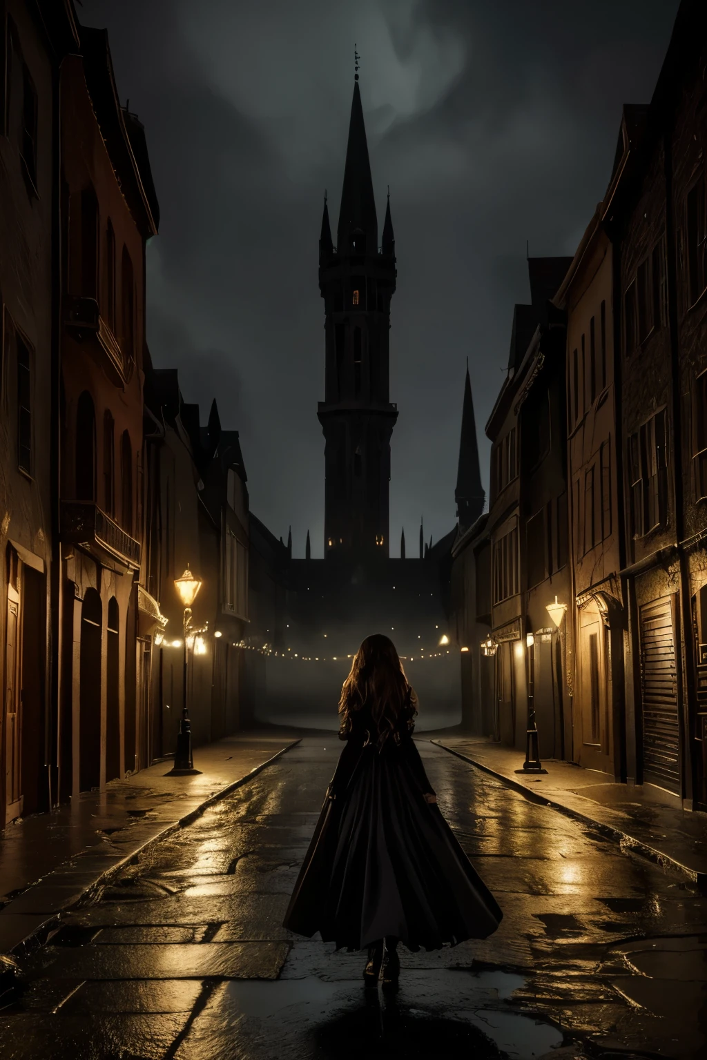  dreamlike fantasy landscape, a surreal , whimsical castle in the distance, 1girl, detailed face, beautiful eyes, long hair, detailed dress, walking through the mystical scenery, (best quality,4k,8k,highres,masterpiece:1.2),ultra-detailed,(realistic,photorealistic,photo-realistic:1.37),fantasy,surreal,dreamscape,magical,ethereal,glowing,vibrant colors,dramatic lighting, Dark gloomy street of mystic ancient town, nighttime, after the rain, (glowing fog)1,2, muted colors, vintage, aesthetic, (Dark Fantasy)0,9, Otherworldly, Surreal, 16K, dreamy, dark mode, Starlight0,9, moonlight, Ambrotype, beautiful, masterpiece, highest quality, There is a black flower on the damaged road，crescent moon，town，The light is dark，gothic style (best quality),（intricate details), (8k）

