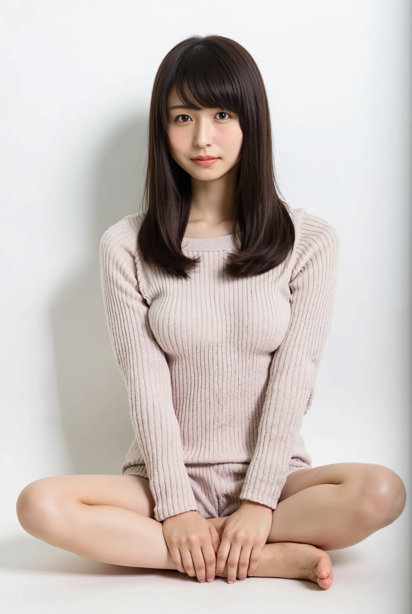 Full body shot from the front、Wear off-the-shoulder mini one-piece pajamas, bend your knees, spread your legs, take a cross-legged pose, and sit while looking at me, Slender bare legs 、smile、The background is a monotone 

