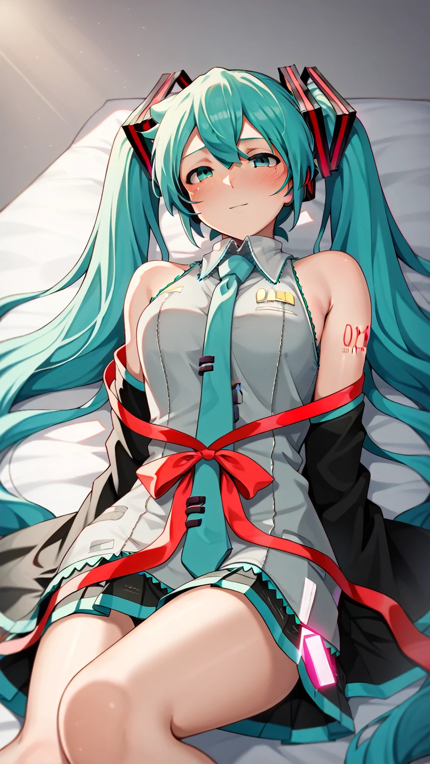Chica de anime acostada sobre una almohada blanca y esponjosa de lado con auriculares puestos, Hatsune Miku, ventana, noche estrellada