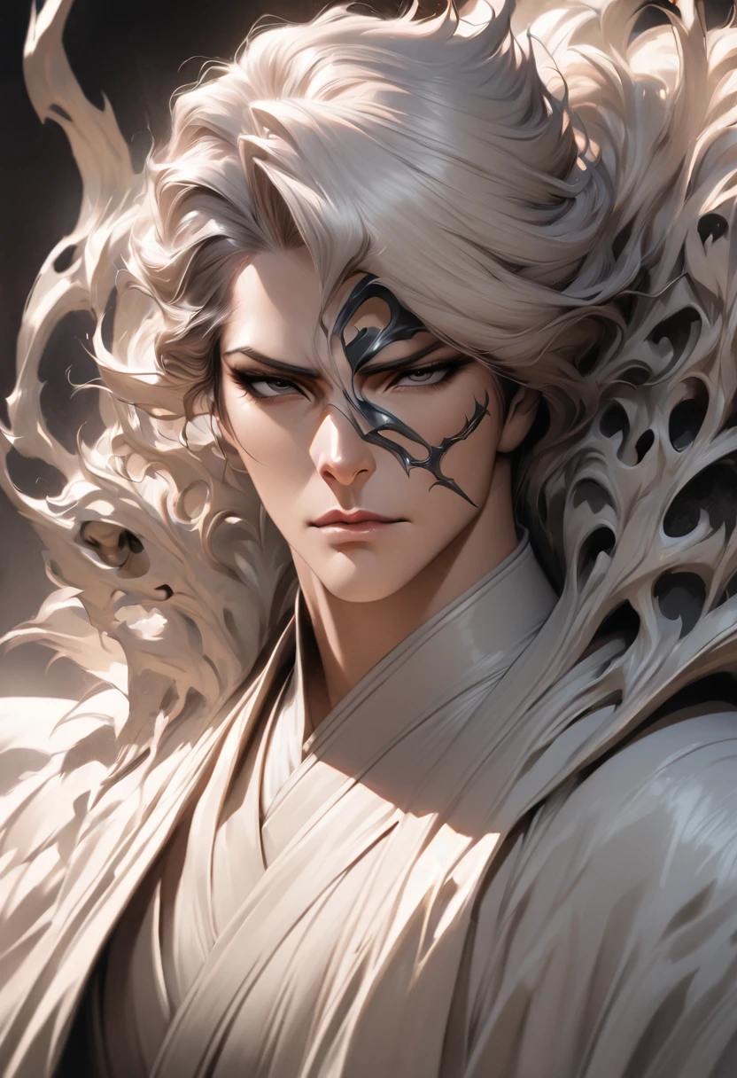 Aizen Sousuke, Bleach,  detailed, high quality,  anime,  manga,  sharp features,  handsome,  realistic,  serious,  smug,  white hair,  black eyes,  shinigami,  captain,  hollow mask,  white cloak,  powerful,  elegant,  intense gaze,  in a white background.