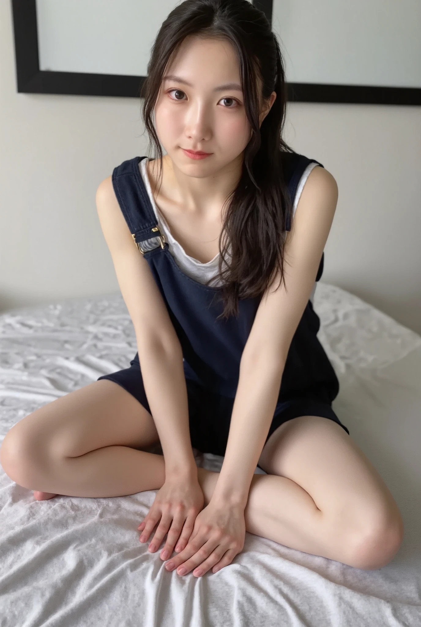 Full body shot from the front、Wear off-the-shoulder mini one-piece pajamas, bend your knees, spread your legs, take a cross-legged pose, and sit while looking at me, Slender bare legs 、smile、The background is a monotone 

