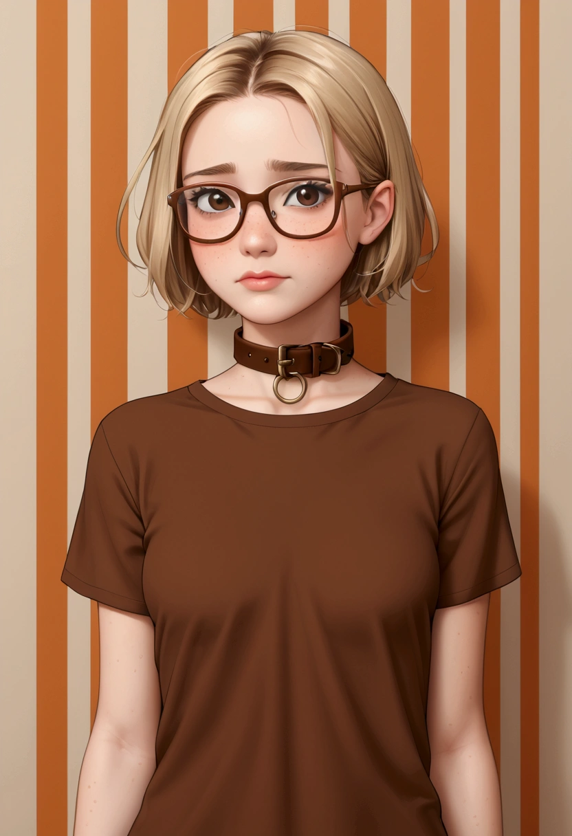 early teens girl with short brown with streaks in front hair (touches her collar) with large blonde streaks in front, wearing loopy glasses, brown eyes, Slim body, 5’4” 120lbs,  back on the wall, (orange with brown stripes shirt) nervous look on face, Ethnic background: 100% white, Lower body nude,