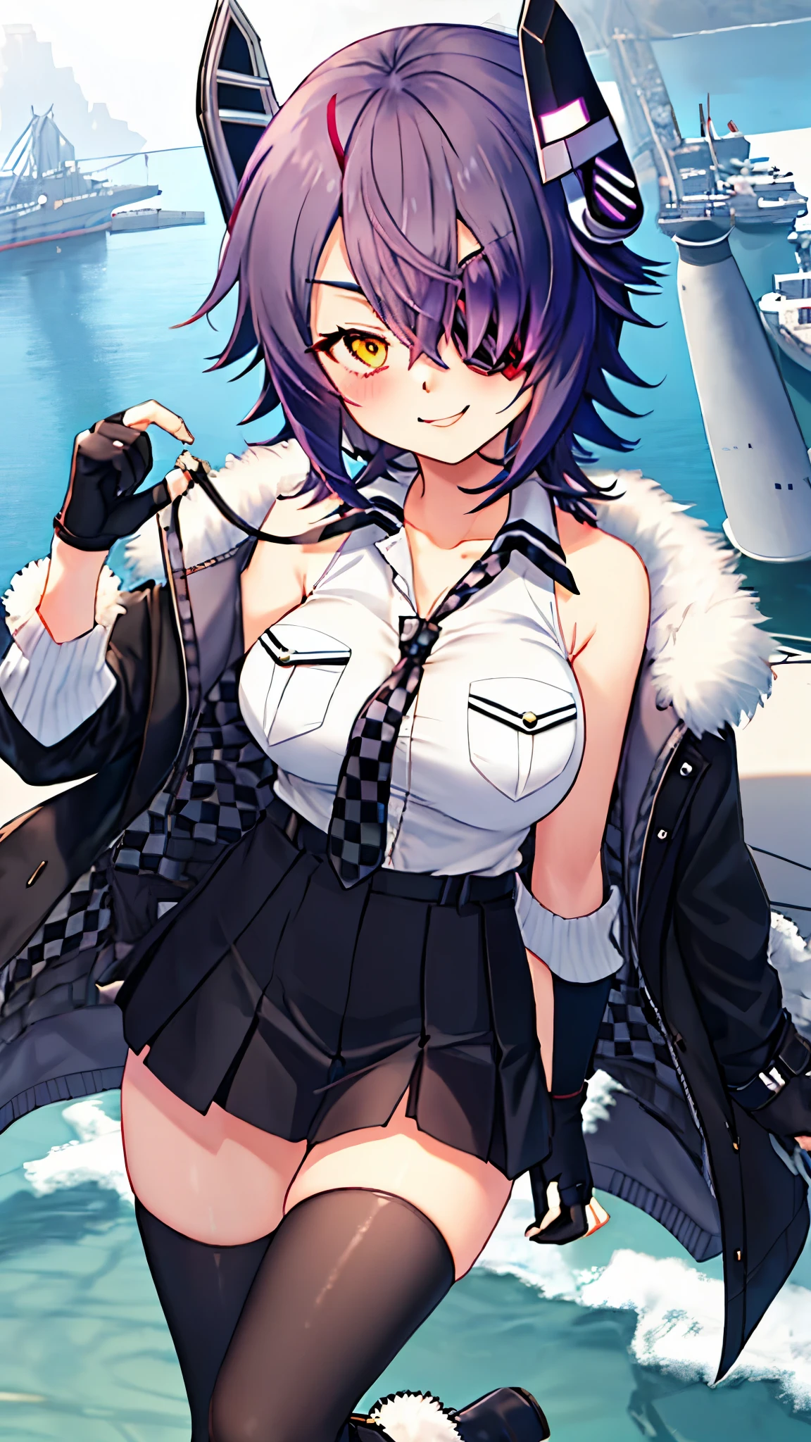 best quality, masterpiece, solo, {tenryuu_kantaicollection:1.15}, teen_girl, eyepatch, short_hair, purple_hair, yellow_eyes, headgear, breasts, necktie, large_breasts, smile, 1girl, blush, checkered_necktie, hair_over_one_eye, shirt, collared_shirt, white_shirt, jacket, sleeveless, brown_eyes, fur-trimmed_jacket, fur_trim, collarbone, looking_at_viewer, pocket, breast_pocket, ,, messy_hair, black_gloves, gloves, partially_fingerless_gloves,harbor_road_landscape_background,outdoor,short_skirt,thigh-highs,boots,sunlight,from_below