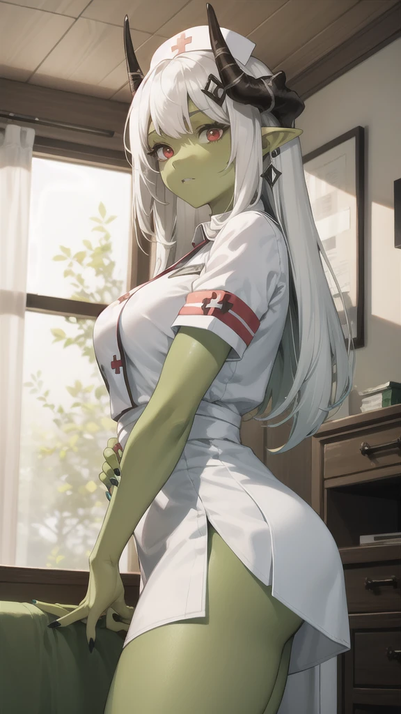 1 Girl, Miss, Mudstone ( Tomorrow's Ark ), Red Eyes,  alone , There is only one person， Long hair, Pointed ears, White hair, bangs, horn， to a standing, Mudstonedefclass, HD， best quality，Skin of color，Green Skin，Sharp nails， green nails ，Green Skin，Green Skin，Green Skin，Green Skin，Green Skin，Green Skin， Face Closeup ，Green Skin，indoor，Nurse uniform