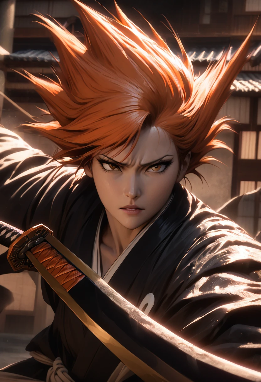 Ichigo Kurosaki from Bleach, wearing a black Shihakusho, stands against a backdrop of a traditional Japanese building with a cloudy sky, Orange spiky hair, serious expression, Katana with a unique tsuba visible, detailed clothing textures, dynamic pose, anime style with realistic rendering, cinematic lighting, sharp focus 