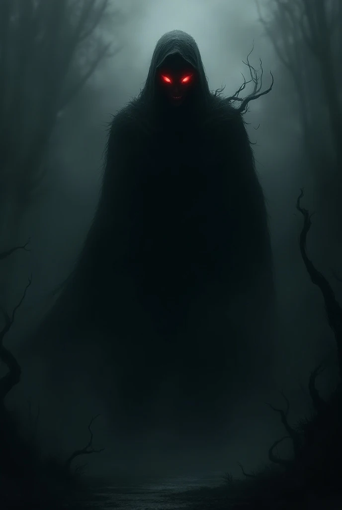 In a dark and desolate landscape, shrouded in thick fog that obscures the horizon, a terrifying figure appears. It&#39;s hard to tell if it&#39;s human or something else., because your silhouette appears to be distorted, as if it were a reflection of the nightmare itself. The figure wears a tattered, dark cloak, that drags itself across the muddy ground, stained with earth and dried blood.the face, if you can call it that, it&#39;s a black void, No eyes, nose or mouth, just an abyss of darkness that seems to draw all eyes to itself, paralyzing anyone who dares to face it. The only thing visible are two red slits where the eyes should be., shining with indescribable hatred.The figure is standing next to a pool of stagnant water, thick and dark like oil. In the reflection of the puddle, Although, the scene is even more disturbing: the figure is revealed as a misshapen monster, with long claws and sharp teeth, his mouth open in an eternal scream that no one can hear. Tentacles appear to come out of his body, diving into the water and writhing as if they were alive, ready to grab anything that comes close.The mist around moves unnaturally, as if it were a veil of lost souls, whispering words of despair and death. Dry, twisted trees surround the figure, its branches stretched out like skeletal hands trying to reach the sky, but trapped in eternal darkness.The air is heavy with the stench of putrefaction, and the silence is interrupted only by the soft sound, but constant, of drops falling into the puddle, echoing like the beating of a dead heart. The feeling is that time itself has stopped, trapping everything in this moment of pure terror, where hope was extinguished, leaving only a deep, paralyzing fear