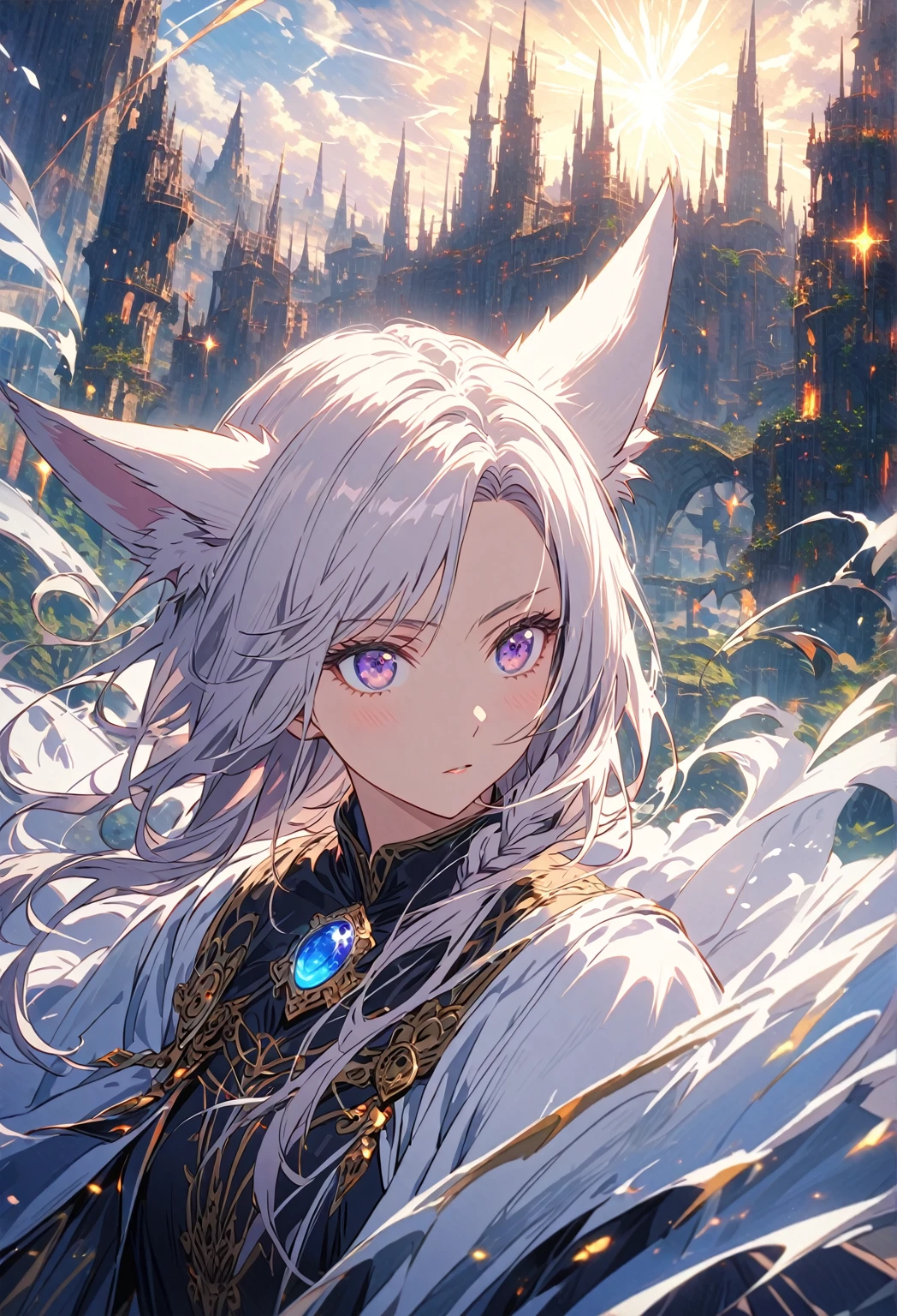 ((Portrait)) ((POV: Close Camera)) ((Flower pattern ornament)) ((Motherly expression mixed with concern)) ((Alone)) Create an anime-style image of Aiko, an elegant fox girl with a graceful and mature presence. She has long, white hair styled in a side braid, soft, fluffy fox ears, and light purple eyes that show both concern and resilience. Her expression is thoughtful, conveying her caring nature as she observes the scene outside. She is dressed in a dark, fitted, fantasy-inspired outfit with subtle, ornate details, hinting at her noble or mystical background.

Set the scene inside a grand, high tower with Aiko standing near a large, arched glass window, looking out over a vast, war-torn fantasy landscape. Outside, magical battles unfold with bright bursts of energy, glowing runes, and swirling magical storms illuminating the darkened sky. Distant floating islands and towering spires rise from the ground, and creatures like dragons and enchanted soldiers are visible in the chaos. The room’s interior lighting is dim, casting a mystical, ethereal glow over Aiko, while reflections in the glass show glimpses of her silhouette and the chaotic magical war outside. Use a depth-of-field effect to keep Aiko in sharp focus, with the intense, magical battle slightly blurred to create depth and emphasize the surreal, high-fantasy atmosphere.