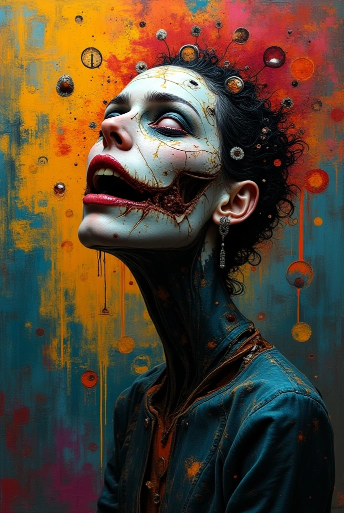 The Perplexing Antihero, by Ben Quilty + Jack Whitten, experimental mixed media artwork Una pintura de un hombre con barba y gafas, Retrato hecho de pintura, colorida cabeza humana derretida, Intricate and intense oil painting, Pintura de terror, Retrato de un zombi, colores vibrantes hiper realismo, Amazing painting, gorgeous art, Daniel Lezama estilo de pintura, amazing art, Ryan Hewett, Impresionantes obras de arte, Arte impresionante, Arte aterrador en color, Colorful cinematic art