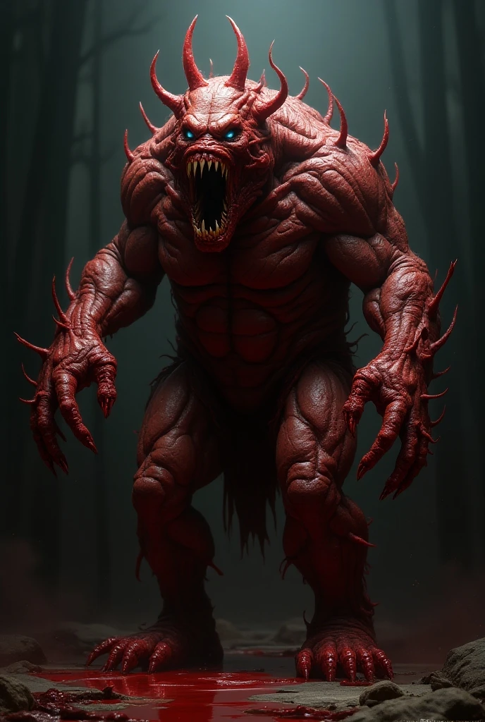 Criatura de carne, morto-vivo, face monstruosa com dentes pontudos e sem olhos, carne exposta, coberto de sangue vermelho, 4K, realista, textura de carne extremamente realista, detalhado, HD, criatura grotesca, zumbi de carne, veias pulsantes, sangue