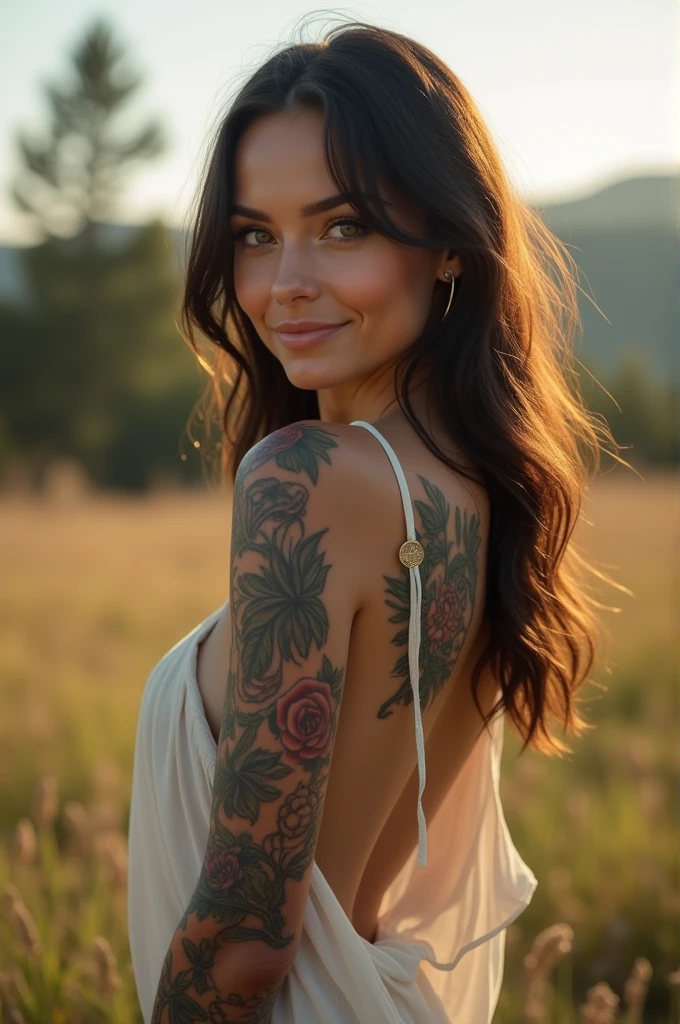 Beautiful young woman, beautiful and natural body, shorts and bra, tattoos on the middle of the chest and arm, ultra reaslita, sitting