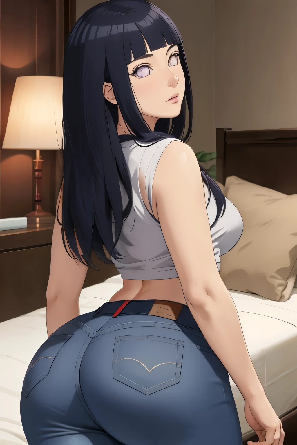 score_9, 1girl,solo, large breasts, (hinata, hyuuga hinata, purple eyes, blunt bangs, black hair) big breasts, perfect breasts, large breasts, round breasts, sexy body, slim waist, nice hips, skinny, nice thighs, short shorts, tiny shorts, micro shorts, black jean shorts, rear pov, back view, wearing short shorts, jean shorts, black bra, big ass, nice ass, 