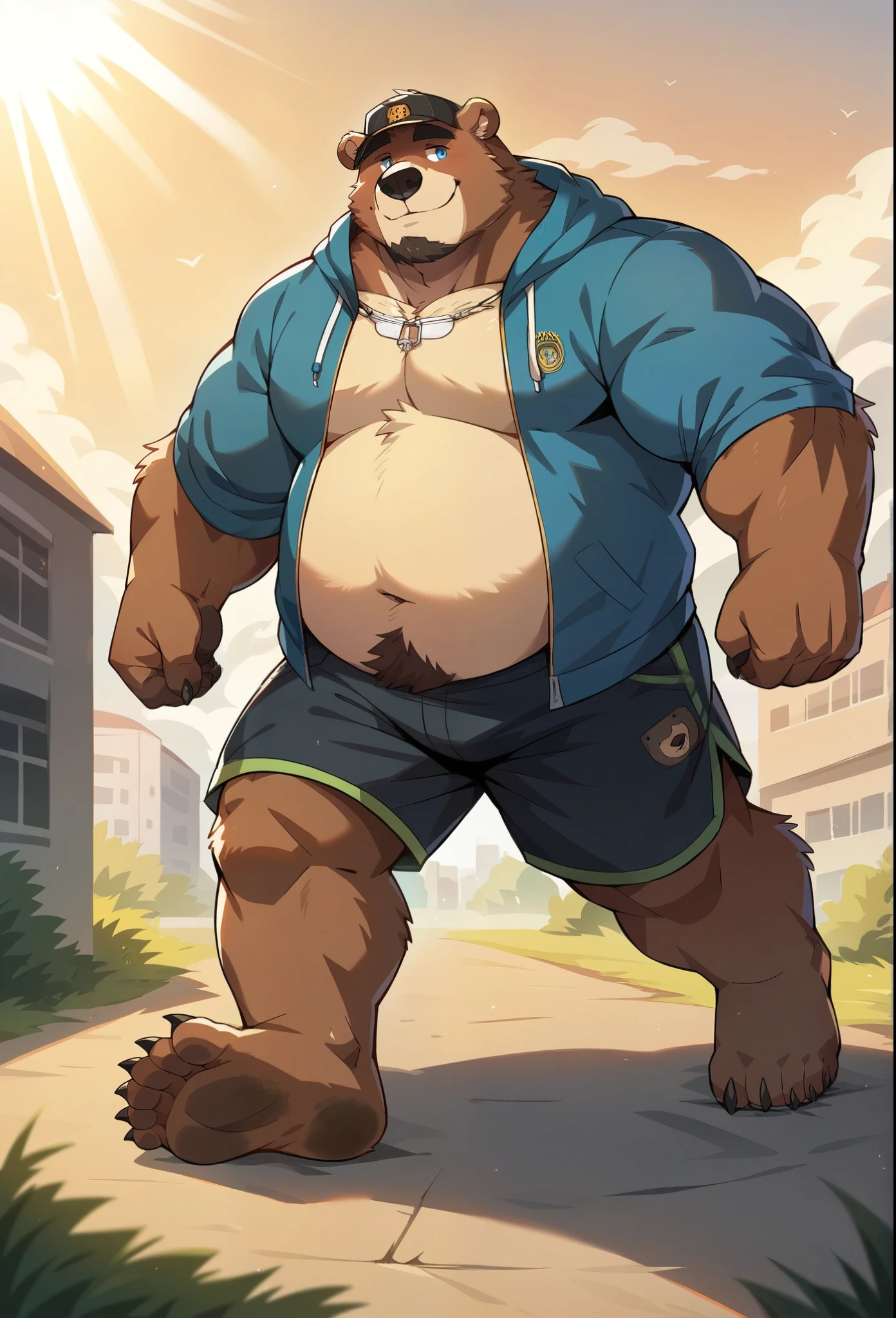 1boy, solo, muscular old man (grizzly bear), huge muscular, brown fur, short hair, wearing gym shorts, shirtless, (cinematic rain vfx background), dark background, wet, running 