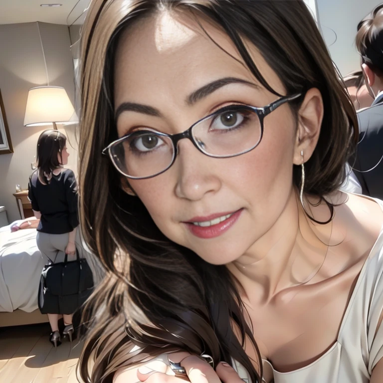 nsfw:1.4、(a masterpiece portrait of a woman with ultra detailed features, in 8K resolution, with crisp quality and vibrant colors), (from front, look at viewer), 70 year old housewife's raw treatment service , Wearing glasses、Mature women、(Costume:random)、(Hairstyle:random)、 Helping with  with a Gentle Smile、 standing on all fours on the bed in service、 happy face。situation: Business Trip Onna Support Service 、Wearing a wedding ring。