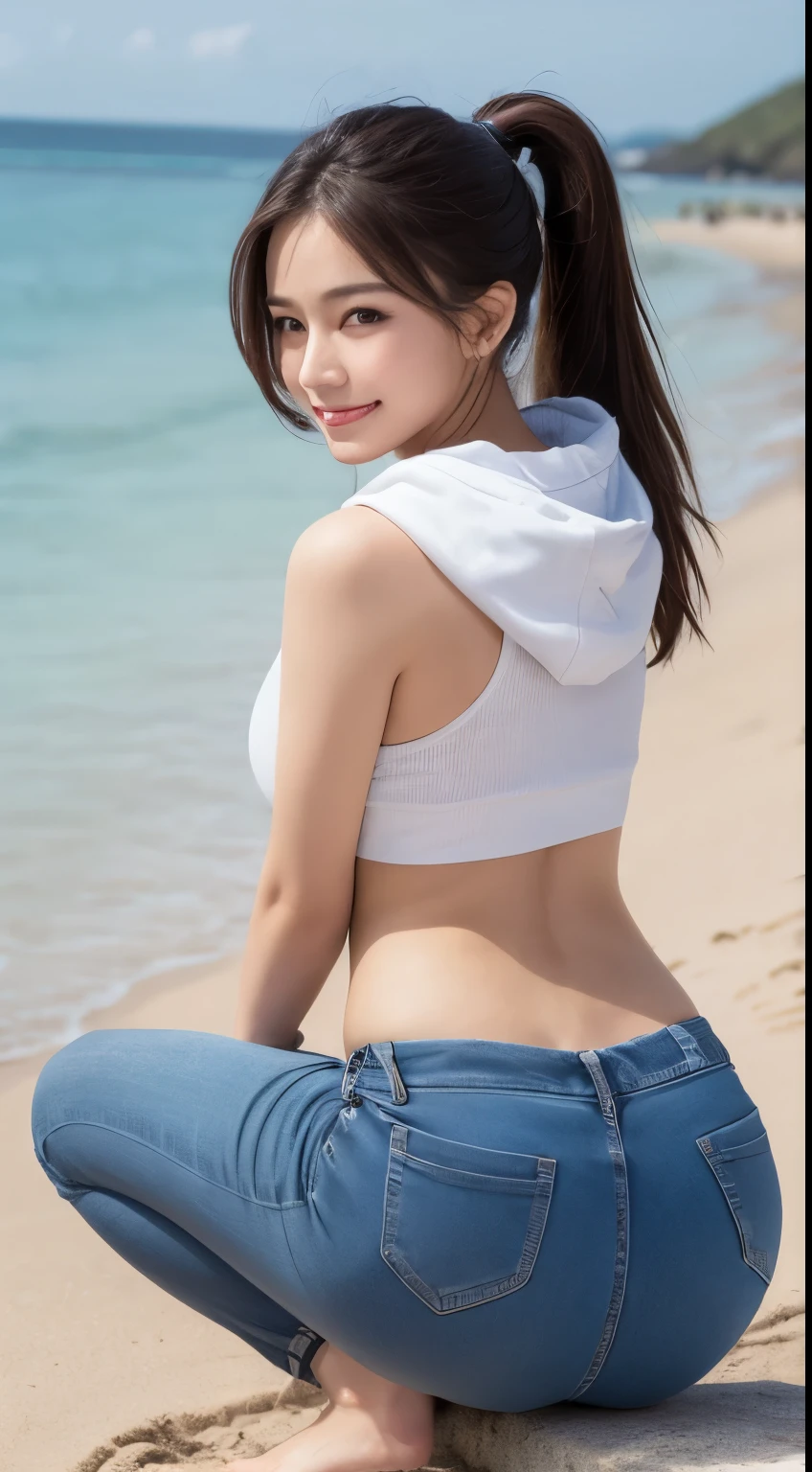 Midsummer beach、sand beach、Squat down and float your butt、Pose with buttocks sticking out、((top-quality、8K、masterpiece:1.3))、foco nítido:1.2、Beautiful Women in Perfect Style:1.4、Slender Abs:1.2、((dark brown hair、Colossal tits:1.2))、(natural soft light、the beach:1.1)、Highly detailed facial and skin texture、A detailed eye、二重まぶた、The upper part of the body、(white t-shirts:1.1)、(Wearing a white T-shirt:1.1)、panties on、(Yellow panties:1.1)、(Yellow sheer panties:1.1)、A smile、Backshots、from the rear、(See Viewers、Looking at the camera)、(Focus buttocks)、(Close-up photos)