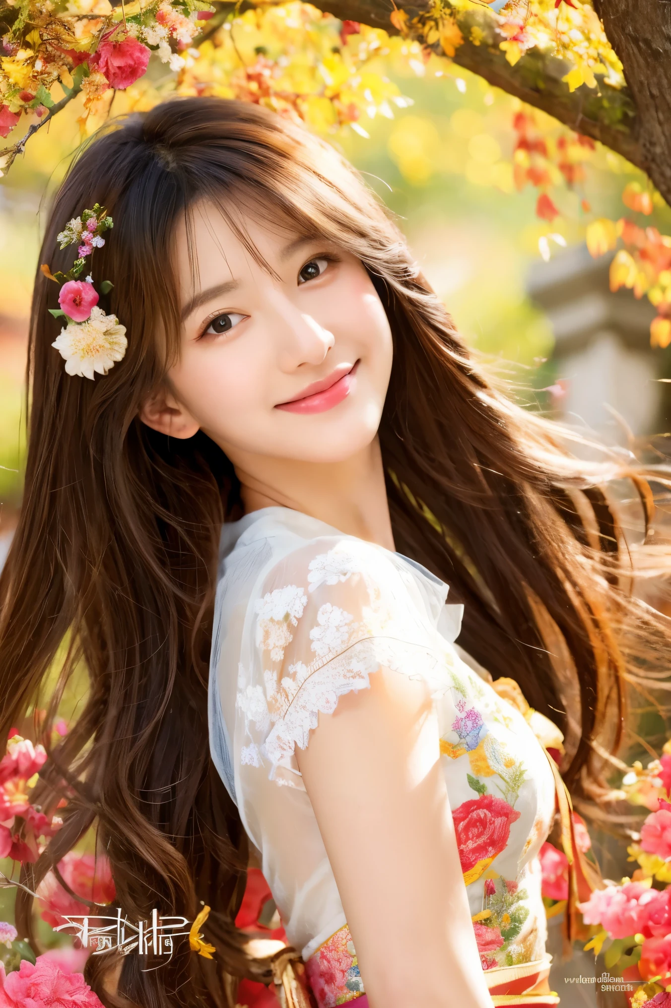 (masterpiece、highest quality、highest quality、official art、beautiful beautiful:1.2)、(1 girl)、very detailed、(fractal art:1.3)、colorful、most detailed,(Pose with movement:1.4)、Details Beautiful and delicate features、Beautiful details and delicate eyes、very fine resolution, (symmetrical eyes:1.3),((japanese hair)),((natural smile)),Floral,feather