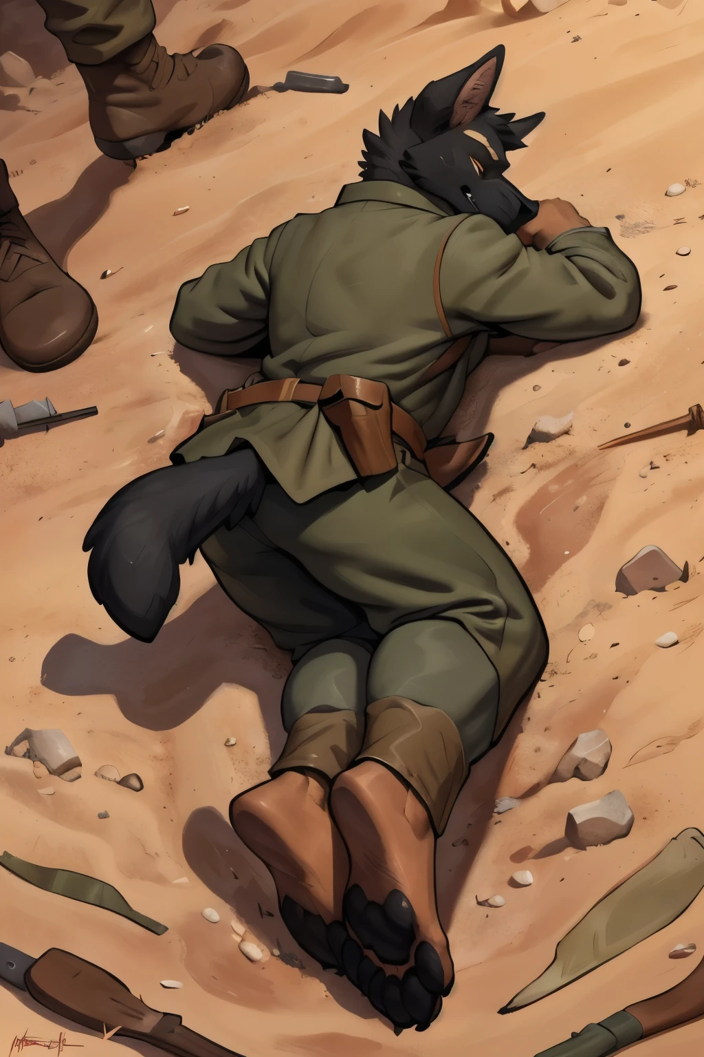 (ultra quality):1.4, color, smooth comics style, (by takemoto arashi, by meesh, by Taran Fiddler), solo:1, (defeat)) ((blackfeetsoles)) ((black feetsoles)) ((knockout face)) did a german shephard in the german soldier uniform without shoes. He is dead in the trench, lying on the back, closed eyes, tonque stuck out of the mounth, defeated on the floor after a fight, exhausted, closed eyes, tonque out of the mounth , ((feet focus)) fluffy tail. Battlefield (uniform germans world war 1)) ((world war 1)) ((ww1)) ((black feetsoles)) ((black pawpads)) (five toes) 5toes, 5finger
