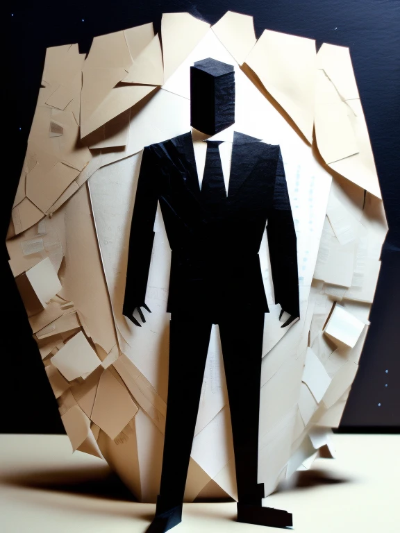 find and imagine how (paper businessman (made from paper) with big paper shield), handmade, can be cyber security solution, front view, paper businessman is in second plan, cyber background, glowing cybernetic flashes fell from the sky, The Art of ((((Craig Mullins))), rough brushstrokes.