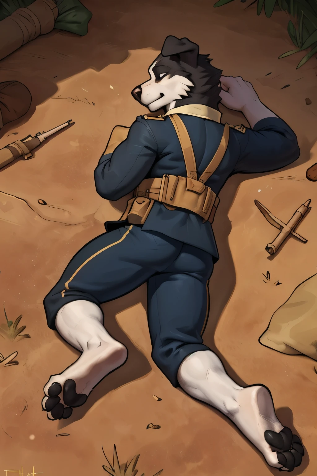 (ultra quality):1.4, color, smooth comics style, (by takemoto arashi, by meesh, by Taran Fiddler), solo:1, (defeat)) ((blackfeetsoles)) ((black feetsoles)) ((knockout face)) did a border collie in the egnlish soldier uniform without shoes. He is dead in the trench, lying on the back, closed eyes, tonque stuck out of the mounth, defeated on the floor after a fight, exhausted, closed eyes, tonque out of the mounth , ((feet focus)) fluffy tail. Battlefield (uniform english world war 1)) ((world war 1)) ((ww1)) ((white legs)) ((black pawpads)) (four toes) 4toes, 5finger ((floppy ears)) ((Border collie)) (white pawsole) (feral feet) (additional paws from hidden characters that you can't see)  
