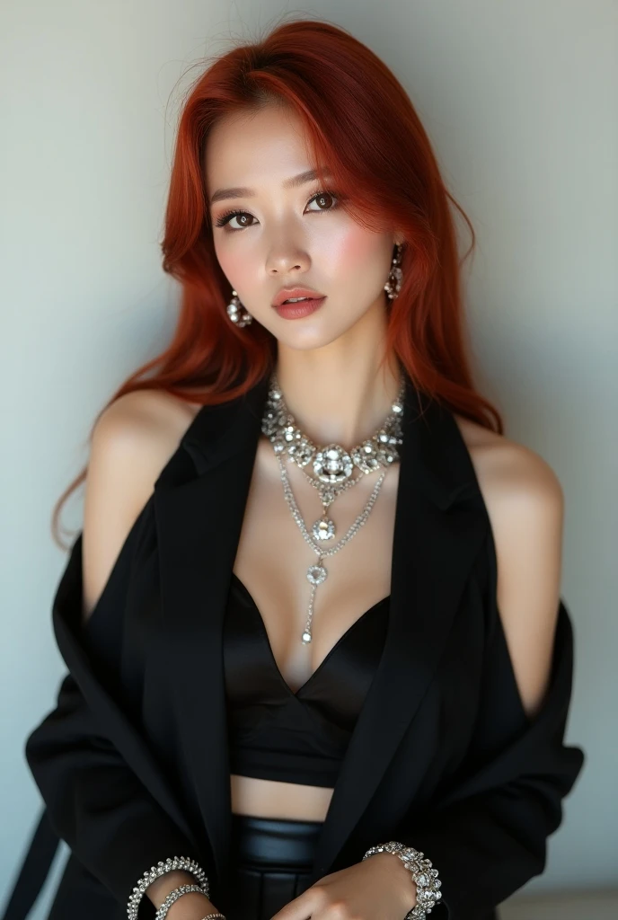 Beautiful redhead girl with dark blue and shor chanel hair (Extra long wavy red tresses), ((Portrait)), ((Detailed face:1.2)), ((detailed facial features)), (finely detailed skin), fair complexion, ,posing elegantly on flower shop, Radiating confidence, (Fashionable red dress), (Photorealistic rendering), (High resolution: 4K or above), (Sharp rendering: Retina ready), Masterpiece, (Cinematic mood), Captured using Canon EOS R6, 85mm Lens, F/1.4, Natural light, (Detailed