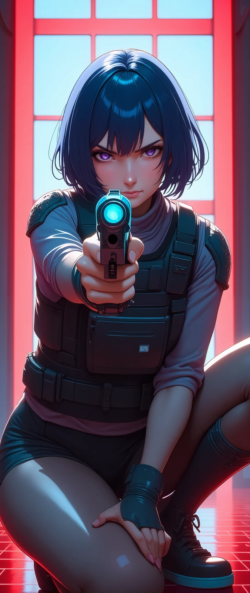 (masterpiece:1.2, Superior Quality ,Milonish,   cinematic experience   ,  best illustration :2.0,Super detailed),8k, wallpaper,(  one woman:2.0),(    Ghost in the Shell Worldview    :2.0),(  Grey Tactical Bodysuit   :2.0),( Heavy Grey Bulletproof Vest  :2.0),(Grey gloves:2.0),( short hair:2.0),( navy blue hair:2.0),(  beautiful eyes),(   detail face :2.0),( Delicate female fingers :2.0),(  super sexy:2.0),(On my knees、 point a handgun at the camera:2.0),(Raise your right knee:2.0)(square red hologram line wall  :2.0),(  square red hologram line floor  :2.0),(  Cyberworld  :2.0),(SF:2.0),(   cyberpunk:2.0),(Front:2.0),( Gun barrel closeup   :2.0),(Serious:2.0)(  Anime Artwork:2.0),(  beautiful gradation:2.0)