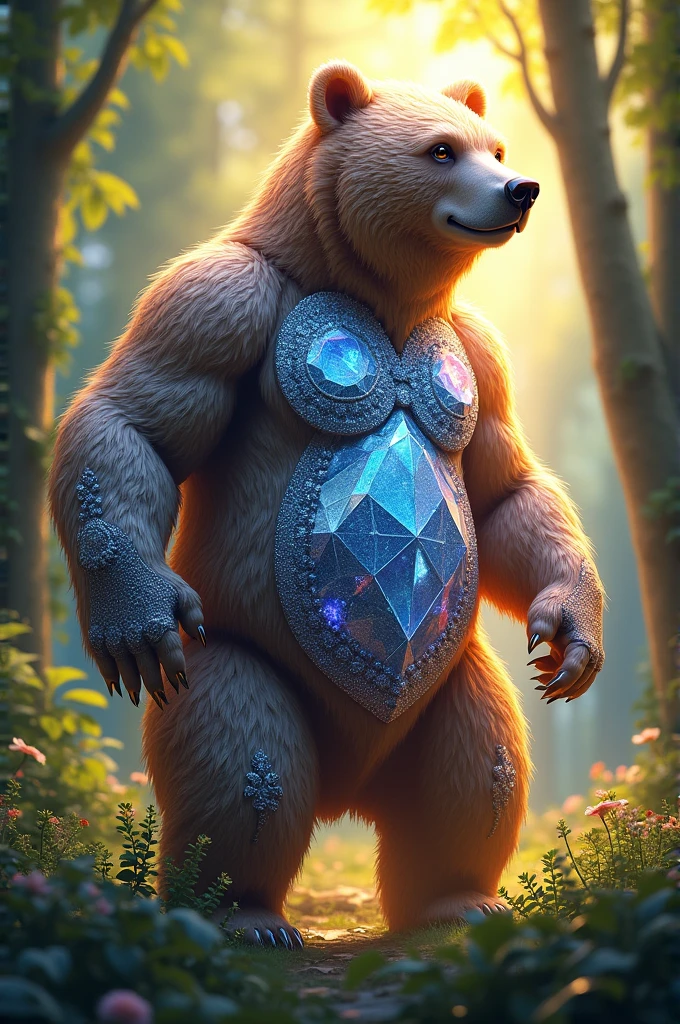 a shiny armour-bear, solo, <lora:silvercarvingcd-000006:0.6>, silvercarvingcd with shiny, no humans, high quality, masterpiece, realistic, photorealistic, long-focus, outdoors, full body, sitting,