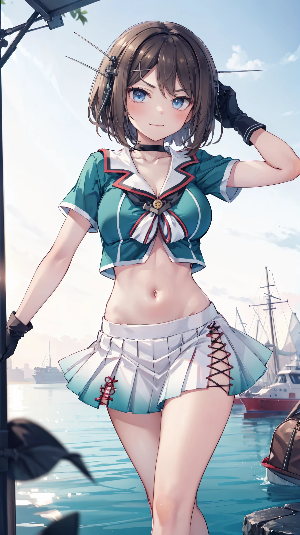 best quality, integrated scenery, integrated background, extremely delicate and beautiful, meticulous details, good composition, , cute face, perfect face, perfect hands,an anime style  ,1young_teen_ girl, brown_hair, medium_bob_hair, blue_midriff_baring_sailor_uniform, mini_skirt, short_sleeve, thighs, large_breasts, (angry_eyebrows:0.8),nihil,smile,standing,open_legs,large_eyes, harbor_background, slightly_spread_legs, happiness, short_gloves,headgear,(abs:0.7)