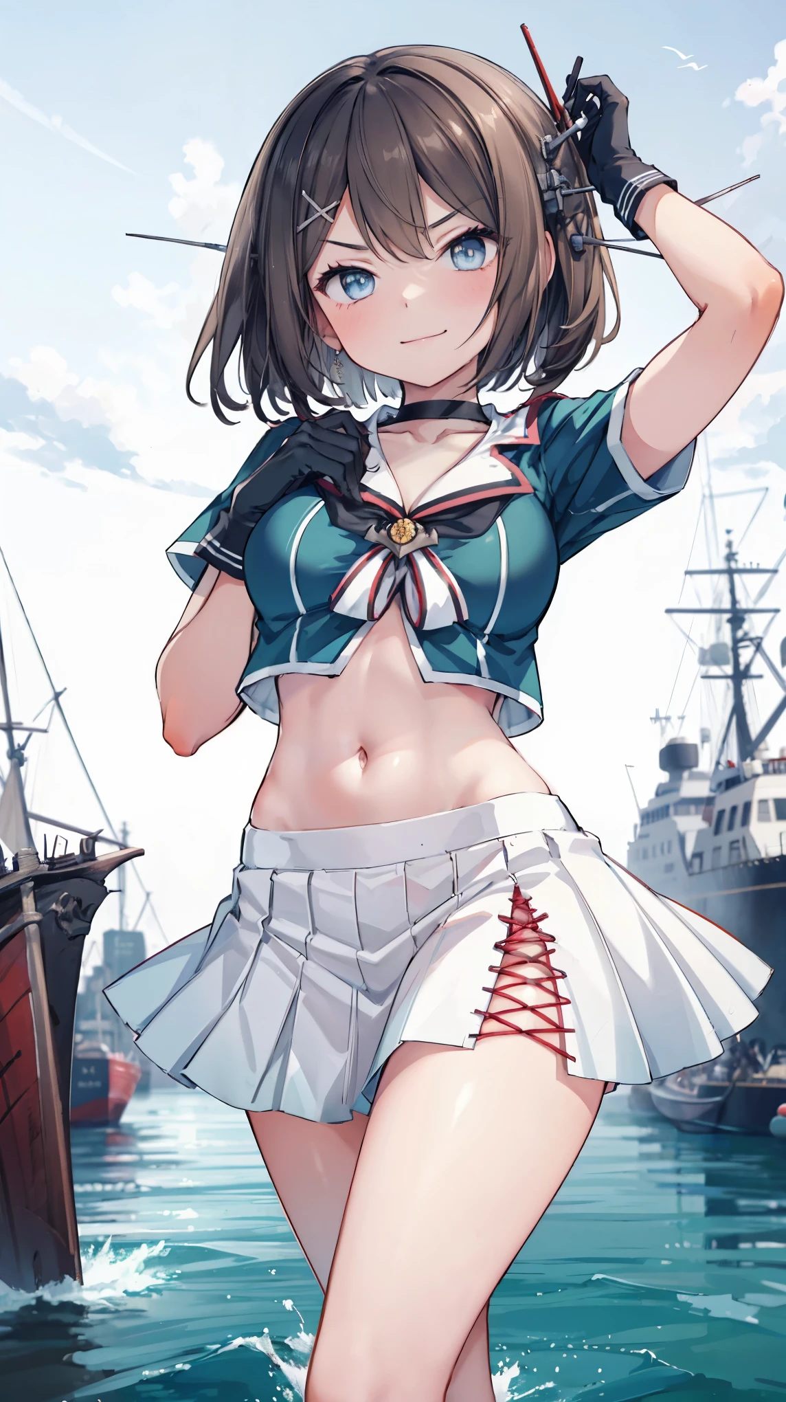 best quality, integrated scenery, integrated background, extremely delicate and beautiful, meticulous details, good composition, , cute face, perfect face, perfect hands,an anime style  ,1young_teen_ girl, brown_hair, medium_bob_hair, blue_midriff_baring_sailor_uniform, mini_skirt, short_sleeve, thighs, large_breasts, (angry_eyebrows:0.8),nihil,smile,standing,open_legs,large_eyes, harbor_background, slightly_spread_legs, happiness, short_gloves,headgear,(abs:0.7)