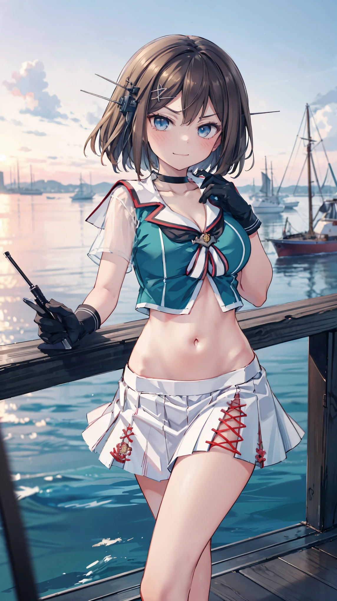 best quality, integrated scenery, integrated background, extremely delicate and beautiful, meticulous details, good composition, , cute face, perfect face, perfect hands,an anime style  ,1young_teen_ girl, brown_hair, medium_bob_hair, blue_midriff_baring_sailor_uniform, mini_skirt, short_sleeve, thighs, large_breasts, (angry_eyebrows:0.8),nihil,smile,standing,open_legs,large_eyes, harbor_background, slightly_spread_legs, happiness, short_gloves,headgear,(abs:0.7)