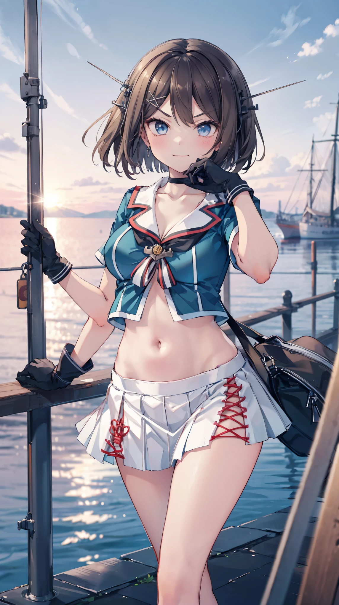 best quality, integrated scenery, integrated background, extremely delicate and beautiful, meticulous details, good composition, , cute face, perfect face, perfect hands,an anime style  ,1young_teen_ girl, brown_hair, medium_bob_hair, blue_midriff_baring_sailor_uniform, mini_skirt, short_sleeve, thighs, large_breasts, (angry_eyebrows:0.8),nihil,smile,standing,open_legs,large_eyes, harbor_background, slightly_spread_legs, happiness, short_gloves,headgear,(abs:0.7)