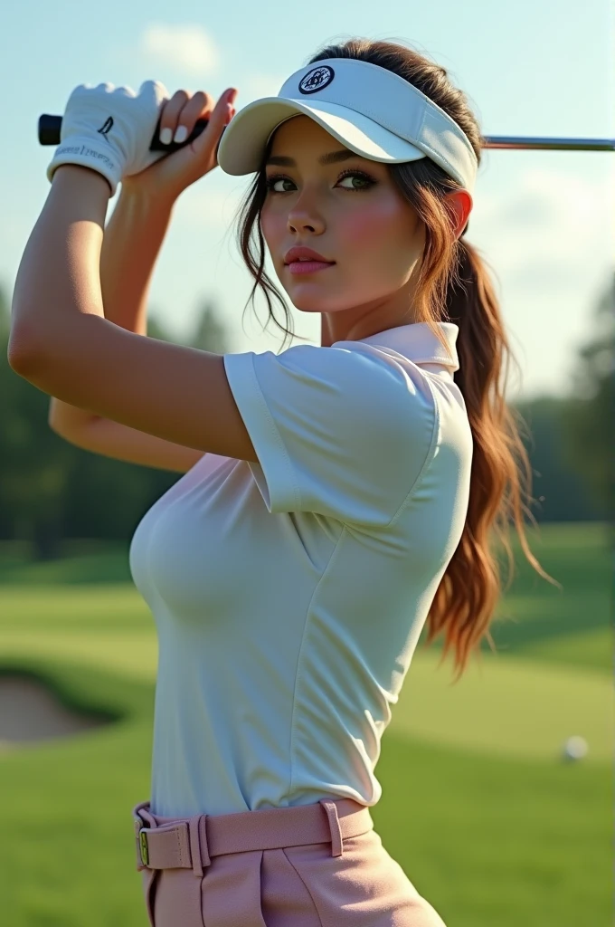 ((Highest quality, 8K, masterpiece: 1.3)), 13yo, Sharp focus: 1.2, Perfect Body Beauty: 1.4, Slim Abs: 1.2, ((dark hair, big: 1.2)),
(Natural light, Sunny golf course: 1.1), Highly detailed face and skin texture, Fine grain, double eyelid, ((Dynamic Angle)))),
Stylish tight Golf Wear, sexy, seductive, bare skin, cleavage, bare stomach. holding golf club. golden hour lighting, sunset.