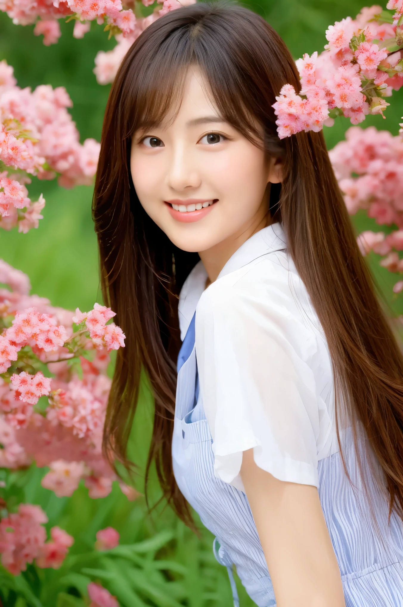 best quality,ultra-detailed,portrait,beautiful girl,cute girl,attractive,innocent eyes,rosy cheeks,long flowing hair,feminine features,sweet smile,sunny garden scene,floating flower petals,colorful spring flowers,soft lighting,delicate brushstrokes,vivid colors,lush greenery,serene atmosphere,peaceful vibe,playful pose,gentle breeze,whimsical charm,happiness and joy,harmonious composition,artistic touch