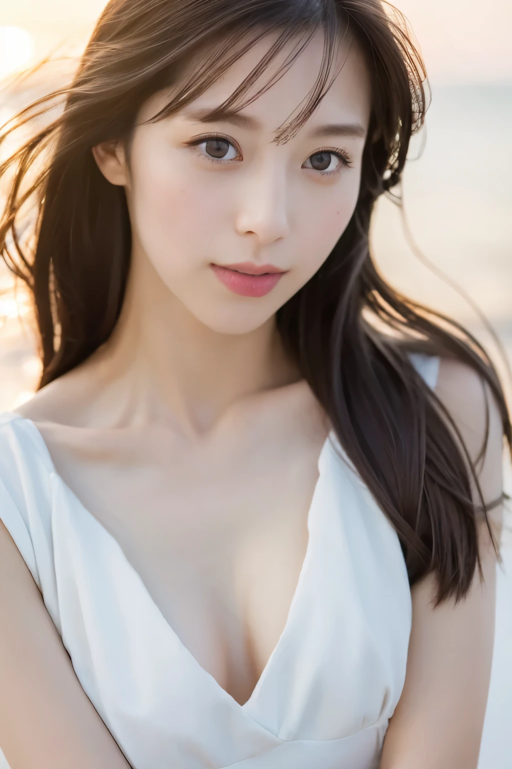 Create a high-quality, hyper-realistic portrait of a very beautiful Japanese idol. She is wearing a clean white summer dress and is squatting on the beach during sunset at sea. The deep indigo of the night sky contrasts with the last vestiges of crimson near the horizon, with swaying waves in the background. The girl has semi-long hair and a slender body with small breasts. The photo should capture her with detailed eyes, a detailed face, and a beautiful, sophisticated nose. The image should have a realistic, delicate, and finely detailed quality, suitable for a fashion magazine cover. Use cinema lighting and soft light to enhance her features. Ensure the photo is of the highest quality, with a resolution of 8K, making it perfect for a 2K wallpaper.