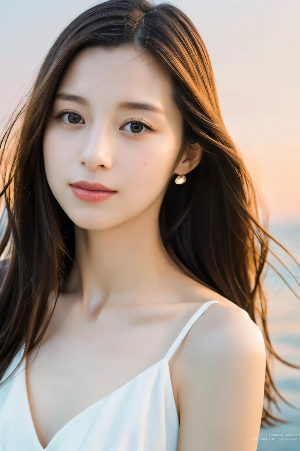 Create a high-quality, hyper-realistic portrait of a very beautiful Japanese idol. She is wearing a clean white summer dress and is squatting on the beach during sunset at sea. The deep indigo of the night sky contrasts with the last vestiges of crimson near the horizon, with swaying waves in the background. The girl has semi-long hair and a slender body with small breasts. The photo should capture her with detailed eyes, a detailed face, and a beautiful, sophisticated nose. The image should have a realistic, delicate, and finely detailed quality, suitable for a fashion magazine cover. Use cinema lighting and soft light to enhance her features. Ensure the photo is of the highest quality, with a resolution of 8K, making it perfect for a 2K wallpaper.