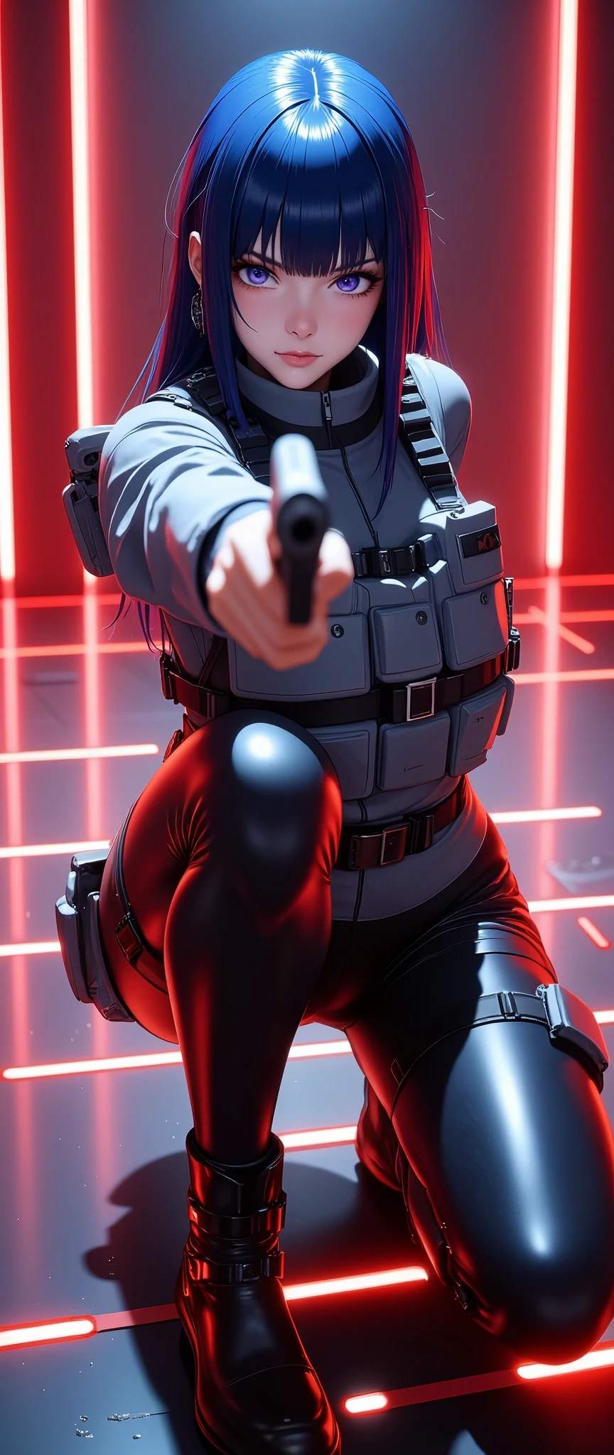 (masterpiece:1.2, Superior Quality ,Milonish,   cinematic experience   ,  best illustration :2.0,Super detailed),8k, wallpaper,(  one woman:2.0),(    Ghost in the Shell Worldview    :2.0),(  Grey Tactical Bodysuit   :2.0),( Heavy Grey Bulletproof Vest  :2.0),(Grey gloves:2.0),( short hair:2.0),( navy blue hair:2.0),(  beautiful eyes),(   detail face :2.0),( Delicate female fingers :2.0),(  super sexy:2.0),(On my knees、 point a handgun at the camera:2.0),(Raise your right knee:2.0)(square red hologram line wall  :2.0),(  square red hologram line floor  :2.0),(  Cyberworld  :2.0),(SF:2.0),(   cyberpunk:2.0),(Front:2.0),( Gun barrel closeup   :2.0),(Serious:2.0)(  Anime Artwork:2.0),(  beautiful gradation:2.0)