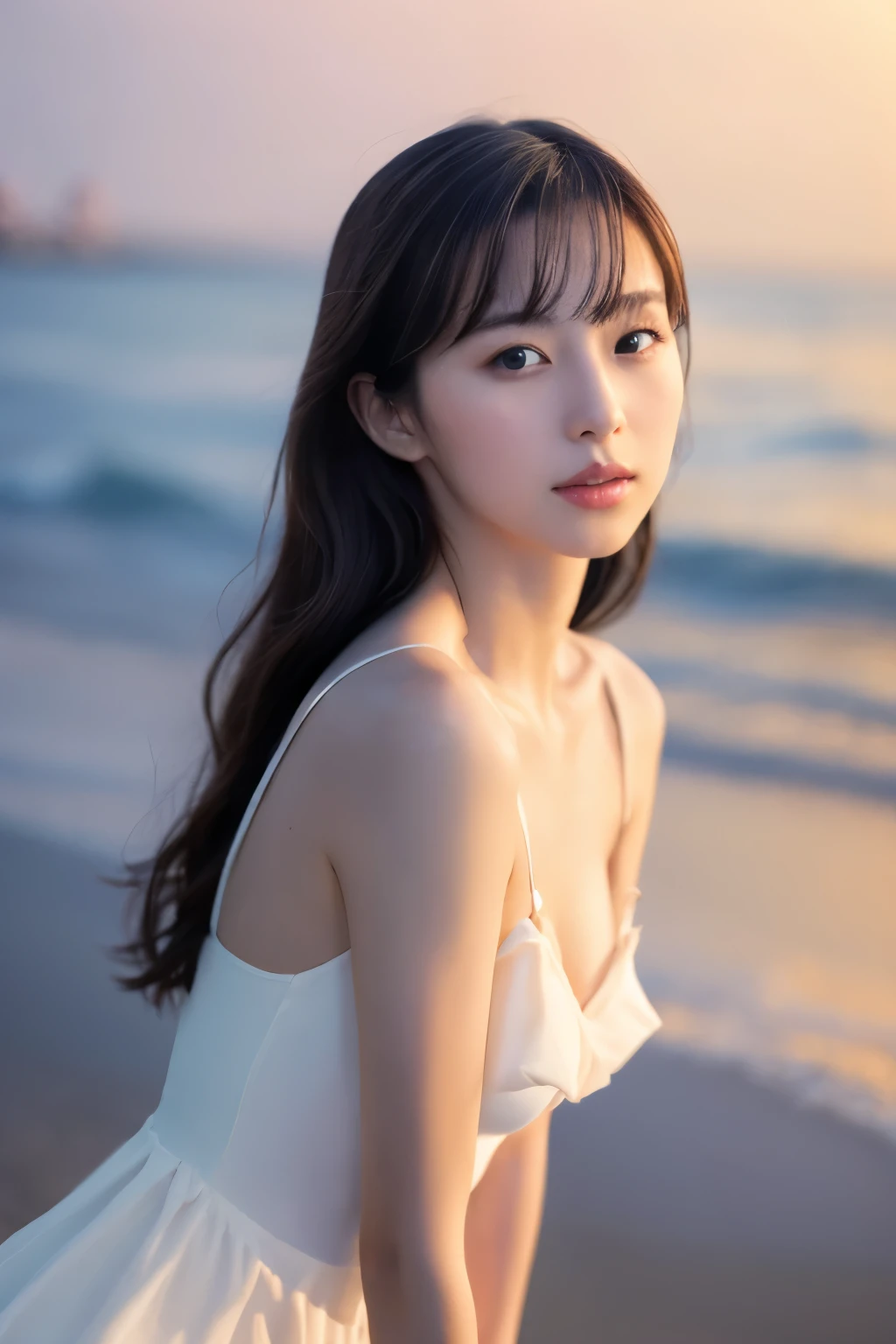 Create a high-quality, hyper-realistic portrait of a very beautiful Japanese idol. She is wearing a clean white summer dress and is squatting on the beach during sunset at sea. The deep indigo of the night sky contrasts with the last vestiges of crimson near the horizon, with swaying waves in the background. The girl has semi-long hair and a slender body with small breasts. The photo should capture her with detailed eyes, a detailed face, and a beautiful, sophisticated nose. The image should have a realistic, delicate, and finely detailed quality, suitable for a fashion magazine cover. Use cinema lighting and soft light to enhance her features. Ensure the photo is of the highest quality, with a resolution of 8K, making it perfect for a 2K wallpaper.