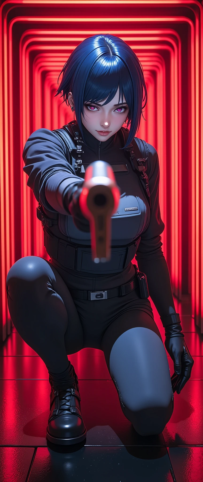 (masterpiece:1.2, Superior Quality ,Milonish,   cinematic experience   ,  best illustration :2.0,Super detailed),8k, wallpaper,(  one woman:2.0),(    Ghost in the Shell Worldview    :2.0),(  Grey Tactical Bodysuit   :2.0),( Heavy Grey Bulletproof Vest  :2.0),(Grey gloves:2.0),( short hair:2.0),( navy blue hair:2.0),(  beautiful eyes),(   detail face :2.0),( Delicate female fingers :2.0),(  super sexy:2.0),(On my knees、 point a handgun at the camera:2.0),(Raise your right knee:2.0)(square red hologram line wall  :2.0),(  square red hologram line floor  :2.0),(  Cyberworld  :2.0),(SF:2.0),(   cyberpunk:2.0),(Front:2.0),( Gun barrel closeup   :2.0),(Serious:2.0)(  Anime Artwork:2.0),(  beautiful gradation:2.0)