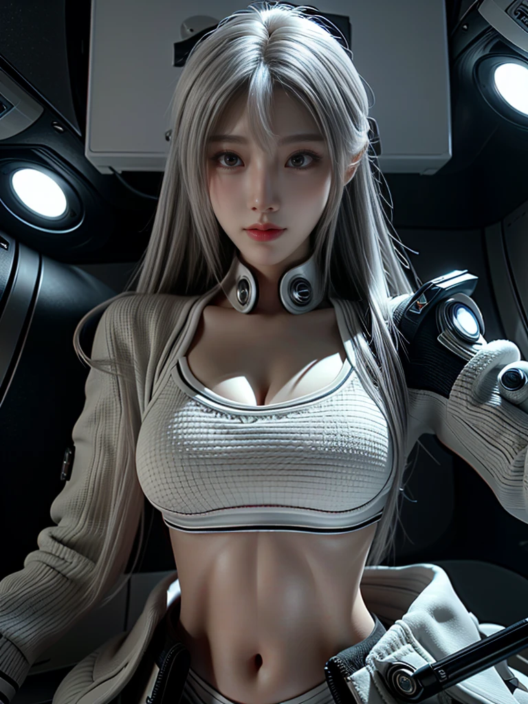  masterpiece ,Game Art,Best picture quality, Highest resolution ,8K,(),(portrait),(Close-up head),(Rule of Thirds), Unreal Engine 5 rendering ,
20-year-old girl,Short hair details,Long bangs,(White hair),Red Eyes,Elegant and noble ,(Large target,  plump chest ),(Wearing a white coat,Red suspender bra), close your mouth ,Serious yet charming,(scholar),Photo poses,Sci-fi style laboratory,White Room,
 movie lights ， ray tracing，Game CG，(([3D Unreal Engine))，OC rendering reflection pattern