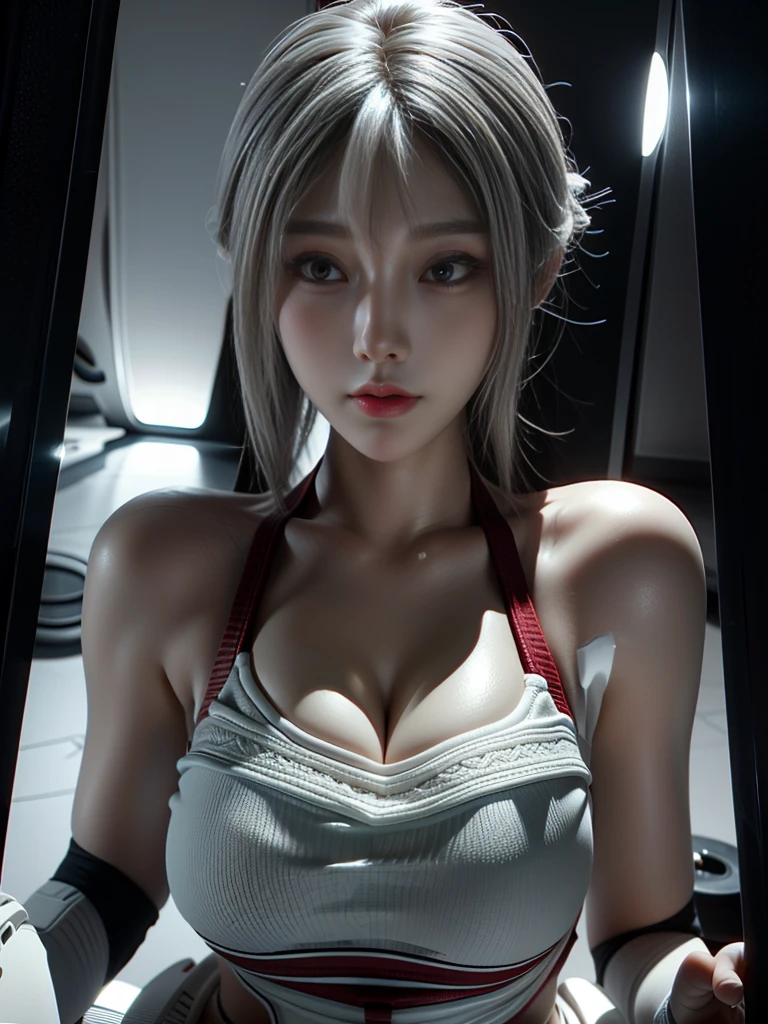  masterpiece ,Game Art,Best picture quality, Highest resolution ,8K,(),(portrait),(Close-up head),(Rule of Thirds), Unreal Engine 5 rendering ,
20-year-old girl,Short hair details,Long bangs,(White hair),Red Eyes,Elegant and noble ,(Large target,  plump chest ),(Wearing a white coat,Red suspender bra), close your mouth ,Serious yet charming,(scholar),Photo poses,Sci-fi style laboratory,White Room,
 movie lights ， ray tracing，Game CG，(([3D Unreal Engine))，OC rendering reflection pattern